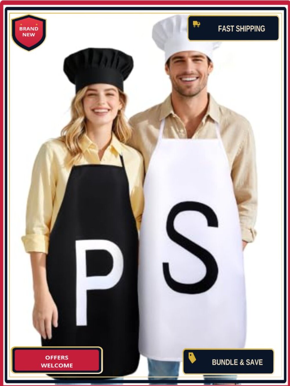 Adult Halloween Salt Pepper Apron Set w 2 Aprons 2 Chef Hats Couples Costume